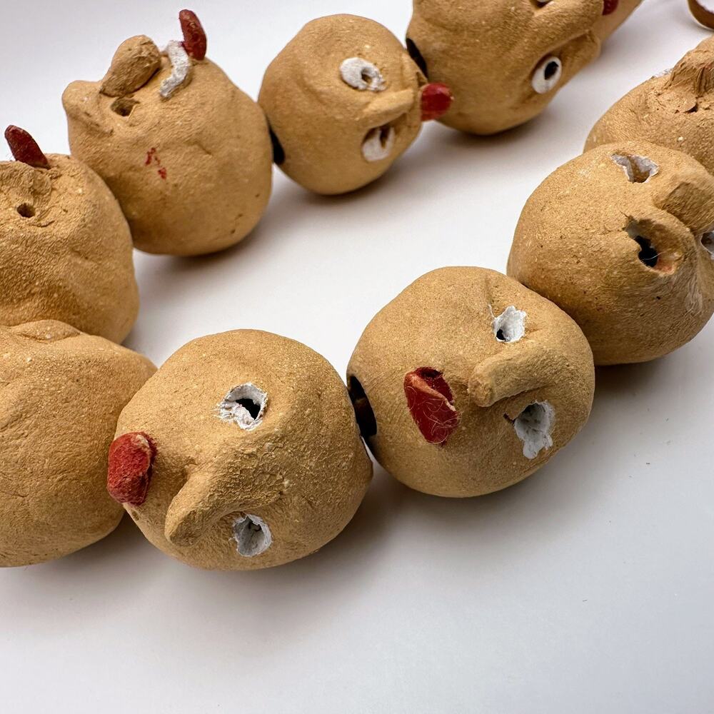Folk Art Clay Pottery Figural Face Bead Lot Of 14 Tongue Whimsical Head Silly